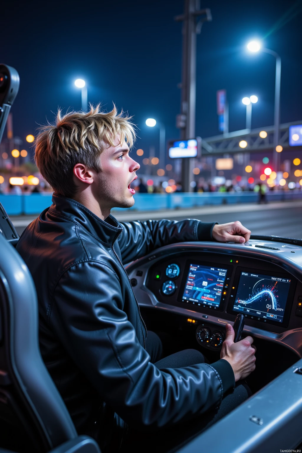 A person in a leather jacket drives a futuristic car at night.