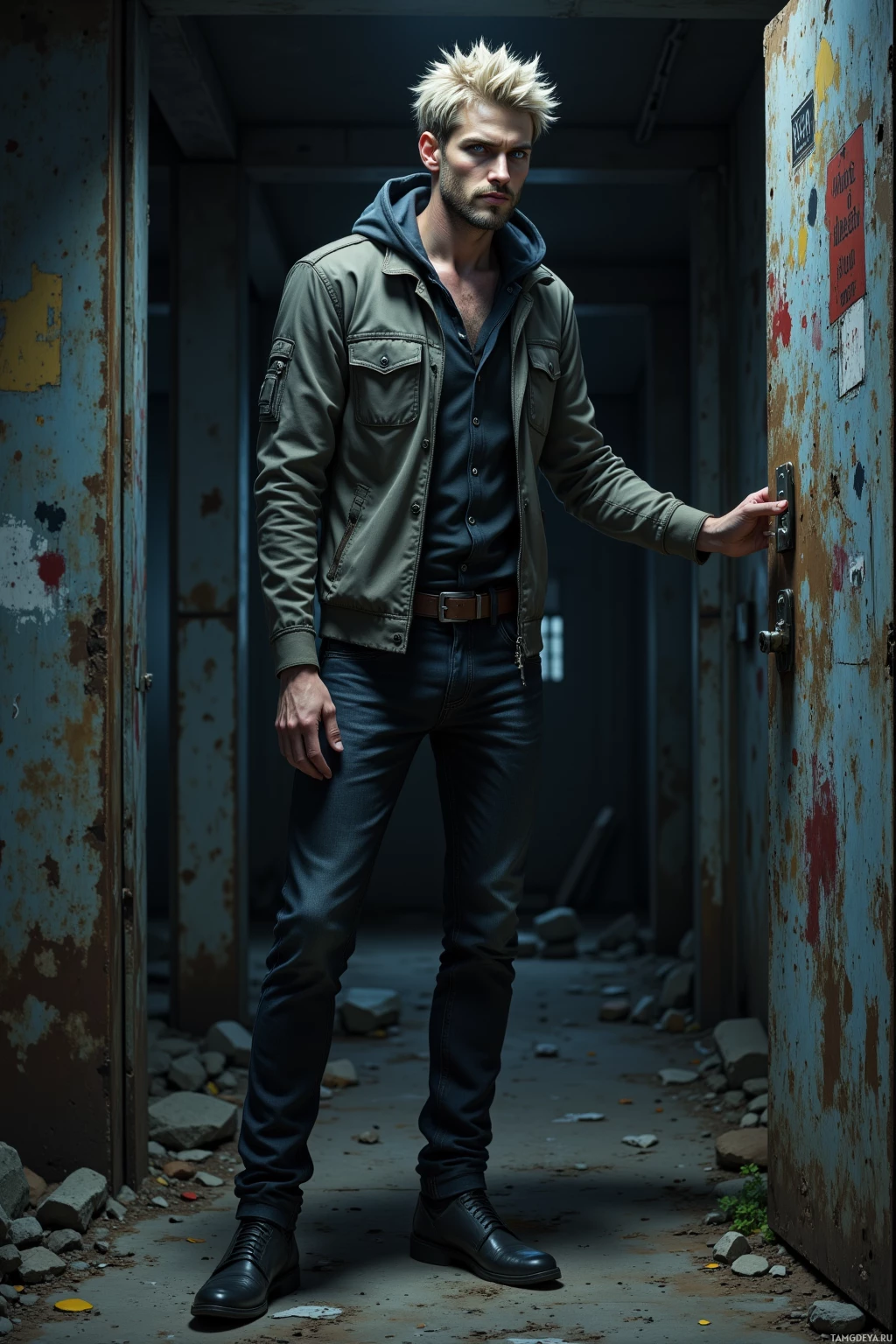 A man stands in a dimly lit, rusted corridor, wearing a green jacket and jeans.