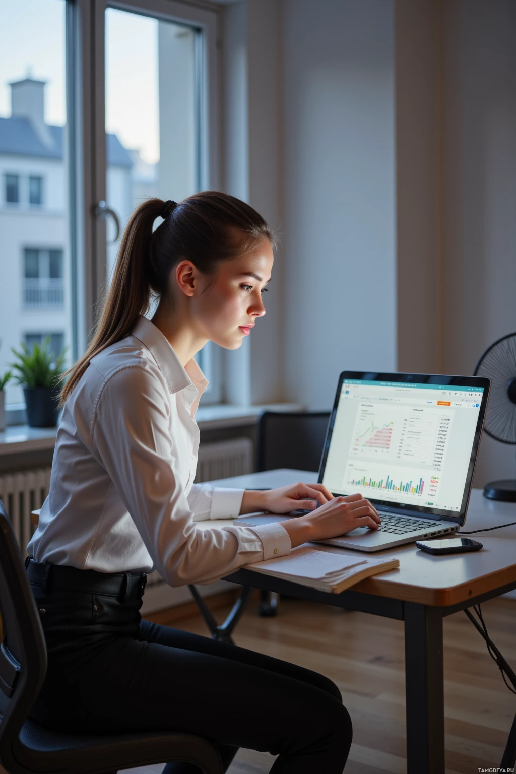 A woman is working at a desk with a laptop, looking focused.