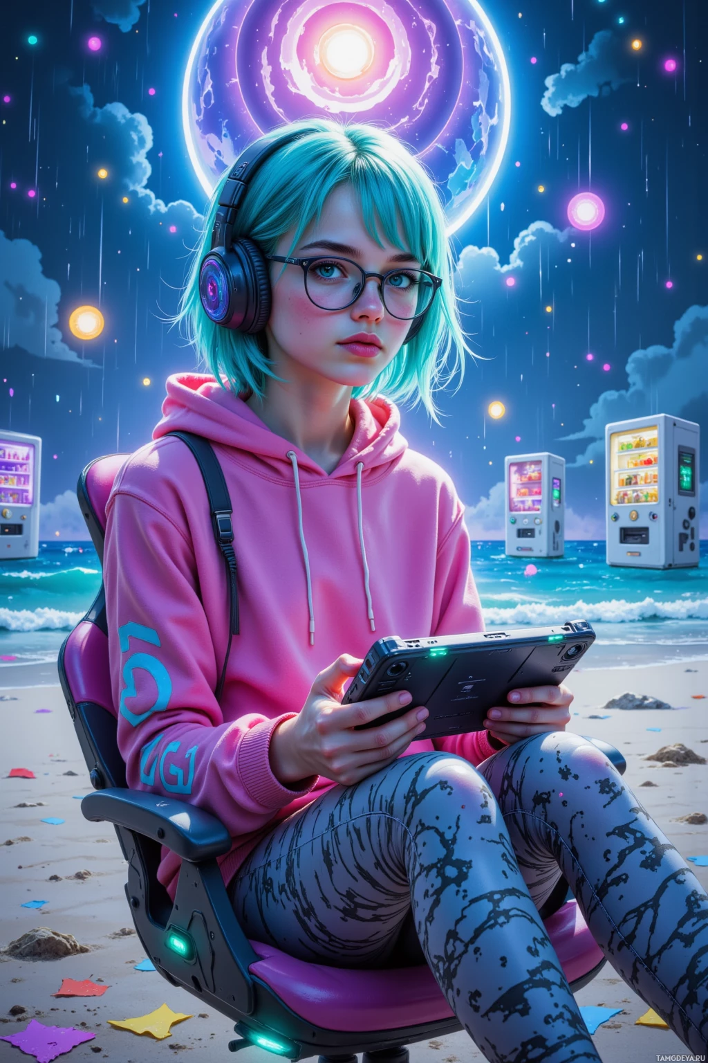 A person in a pink hoodie and glasses sits on a gaming chair, holding a tablet, with a vibrant cosmic background featuring a large moon and colorful lights.