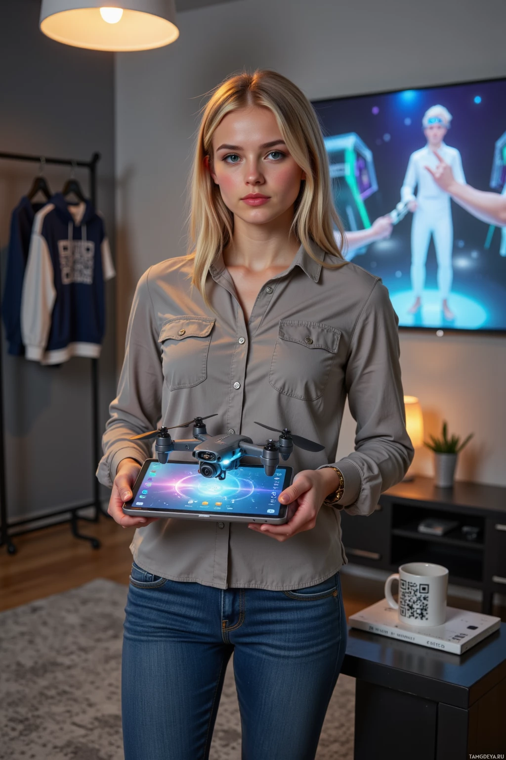 A person stands indoors holding a tablet with a drone attached to it.