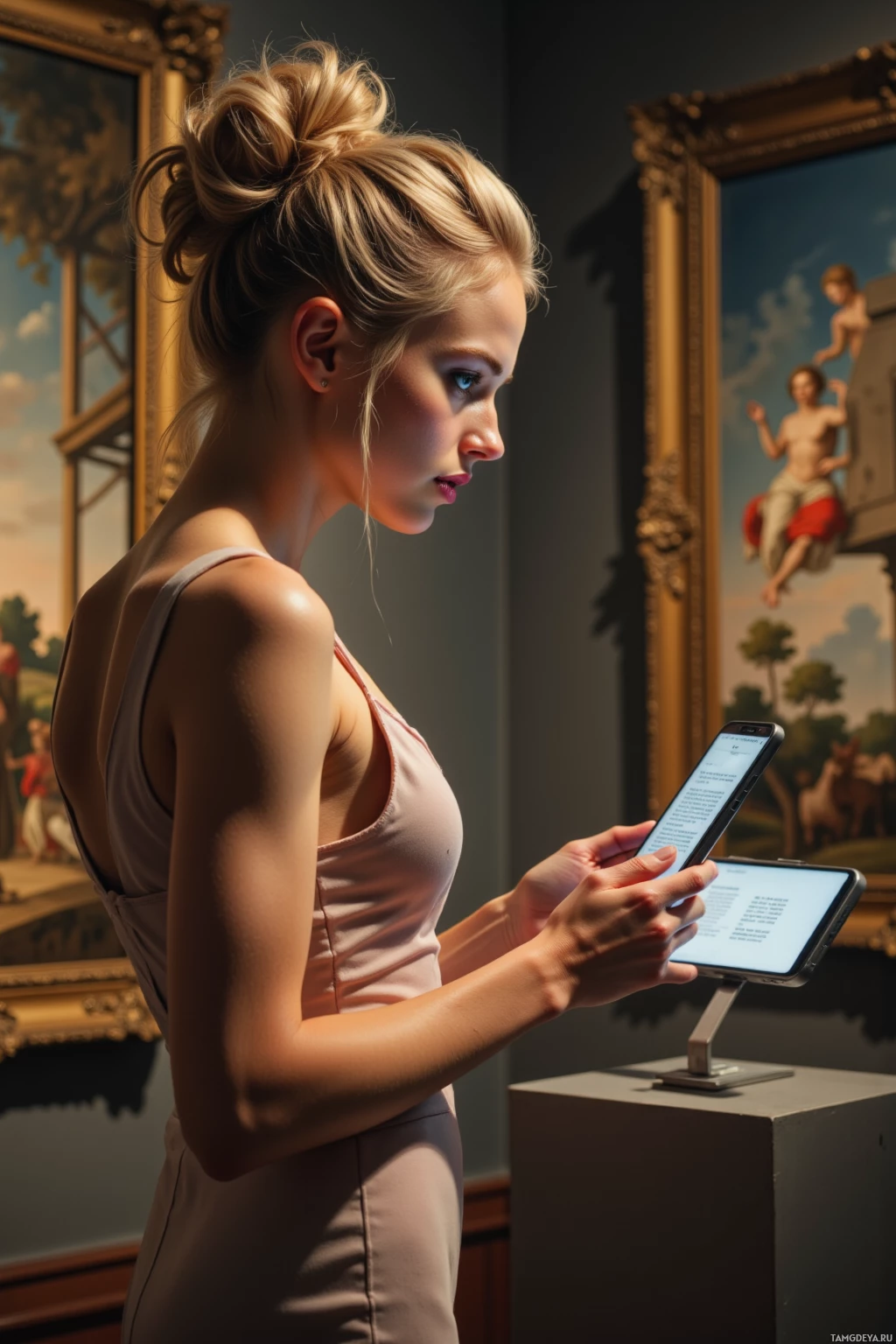 A woman in a museum looks at a tablet in front of a classical painting.
