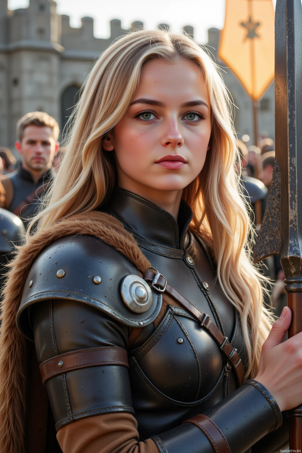 Realistic high quality photo. A resolute 34‑year‑old woman with long flowing blonde hair, blue eyes and fair glowing skin, wearing intricate Viking‑style leather armor with fur accents, proudly polishing the iron of her spear on the stone walls of a medieval fortress at dawn, while councilors debate banner placement in the background under the early sunrise glow.