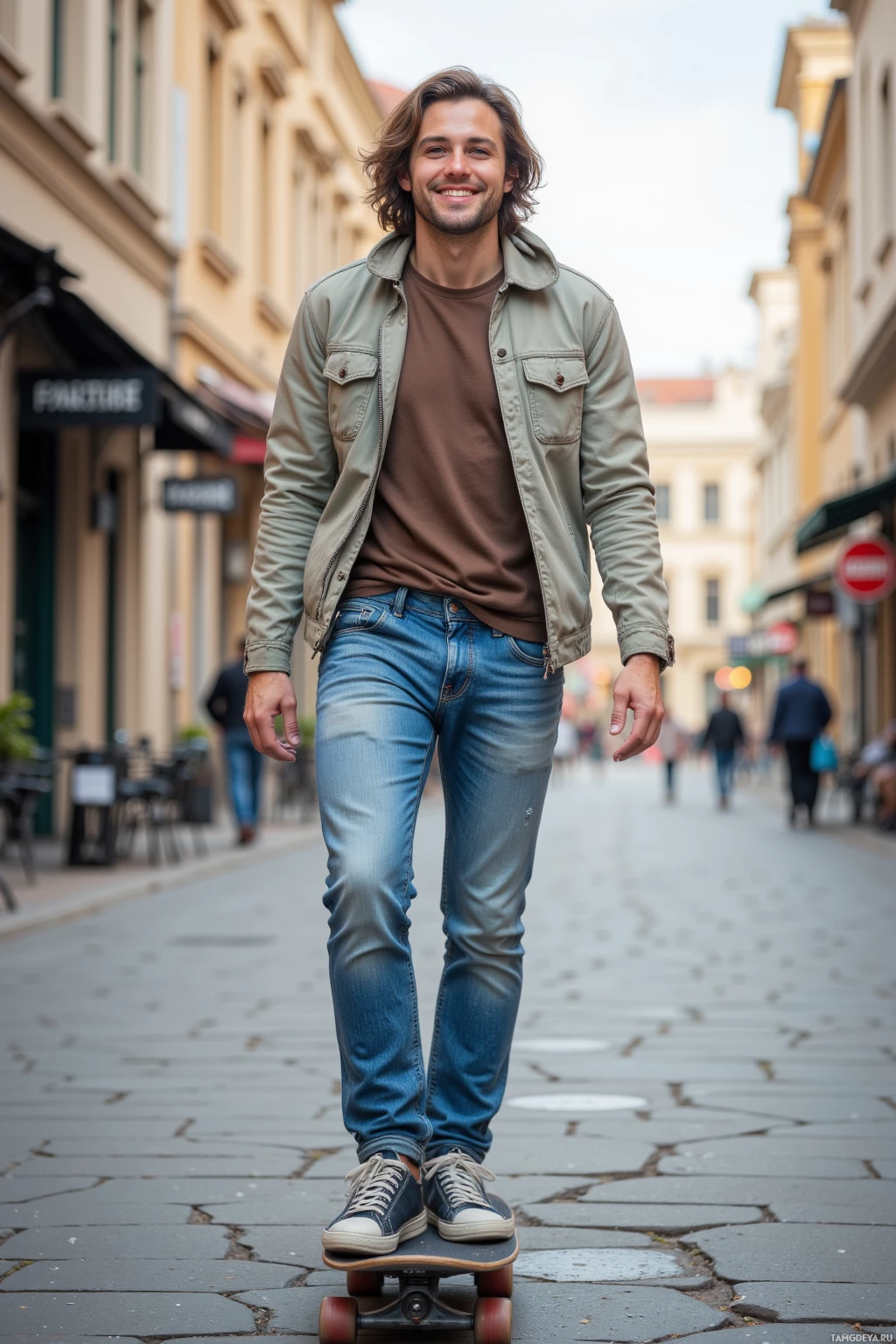 Realistic high quality photo. A 27‑year‑old man with medium‑length light brown hair and bright blue eyes, wearing a casual light jacket and denim jeans, skating on a cracked concrete street in the afternoon, grinning confidently as his board glides through the urban environment.
