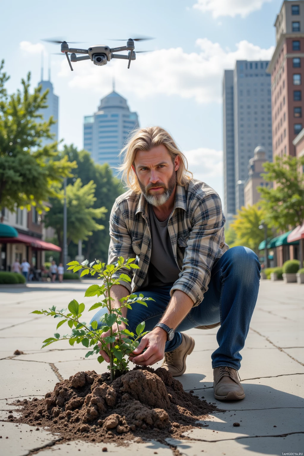 Realistic high quality photo. Middle-aged man with blonde ponytail, blue eyes, fair skin, bushy beard, wearing a thick plaid shirt, standing in a cracked concrete plaza, planting a sapling while a small drone hovers overhead, city buildings visible in the background, midday light.