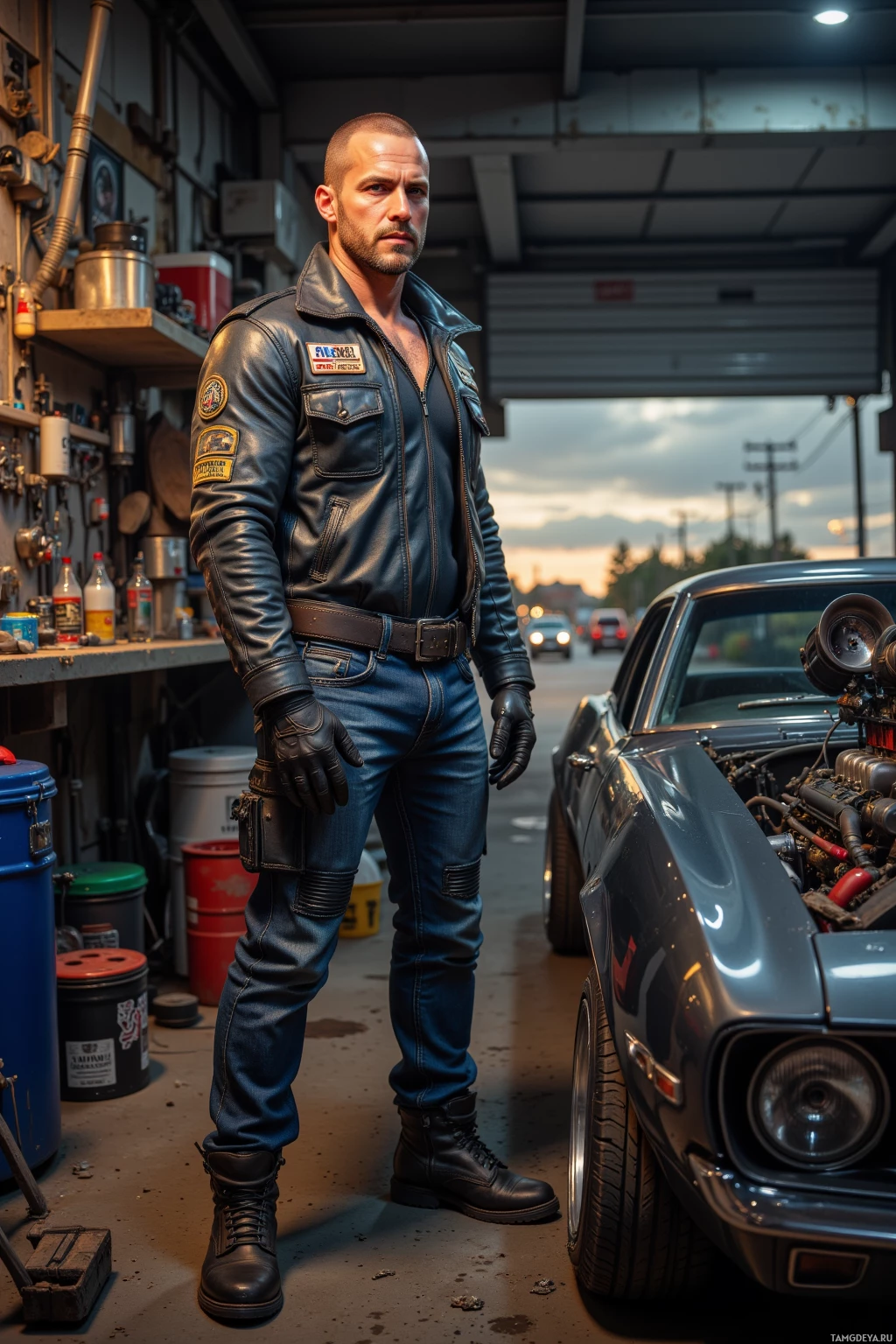Realistic high quality photo. 35‑year‑old rugged muscular man with shaved head, bright blue eyes, wearing a worn‑out biker jacket, black leather gloves, heavy‑duty jeans, scuffed boots, standing in a cluttered garage beside a roaring V8 engine, grease‑smudged hands, crew laughing, a muscle car revving on a dark street at dusk, atmosphere of speed and adrenaline.