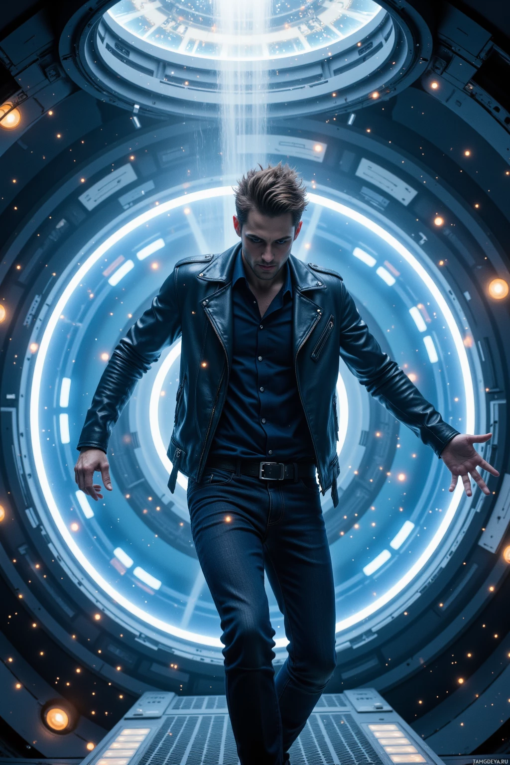 Realistic high quality photo. Male, 28, light brown spiky hair, bright blue eyes, wearing a fitted black leather jacket over a dark shirt and slim dark jeans, dancing with fluid, choreographed movements inside a spaceship's quantum core chamber where glowing hull panels pulse like drumbeats, illuminated by blue‑white quantum light, orbiting a distant nebula.