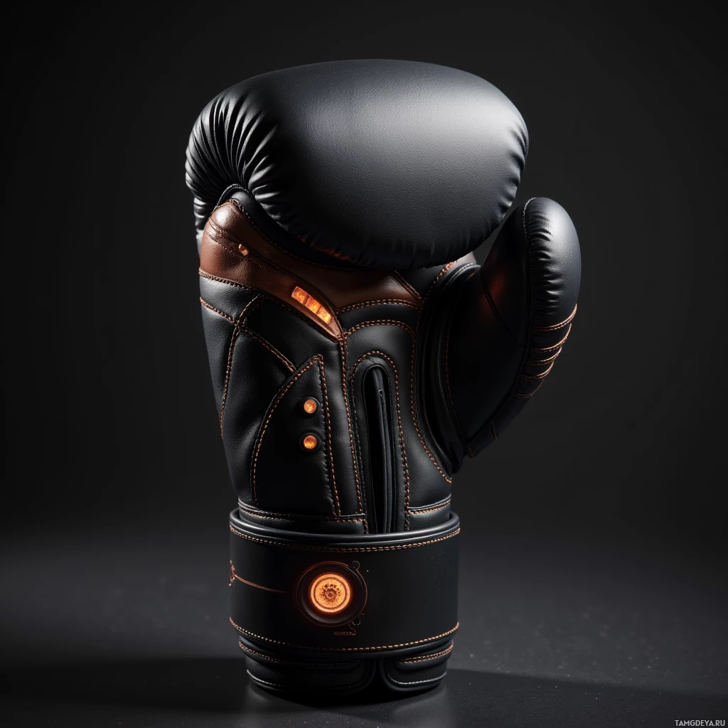 Semi-abstract image with many light, that is suitable for the post:  Matte black leather boxing glove with copper stitching, a faintly glowing sensor panel integrated into the cuff, a tiny LED screen embedded in the handle, sleek high‑tech aesthetic and ergonomic grip.