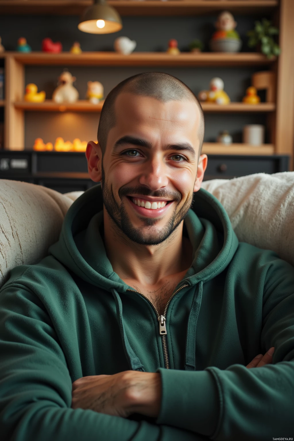 Realistic high quality photo. A tall 29‑year‑old man with a shaved head, bright blue eyes, wide grin, olive skin, wearing a green hoodie with ogre ears, lounging on a squeaky sofa in a modern living room surrounded by a shelf of vintage rubber duckies, exuding a relaxed, meme‑loving vibe under soft evening lighting.