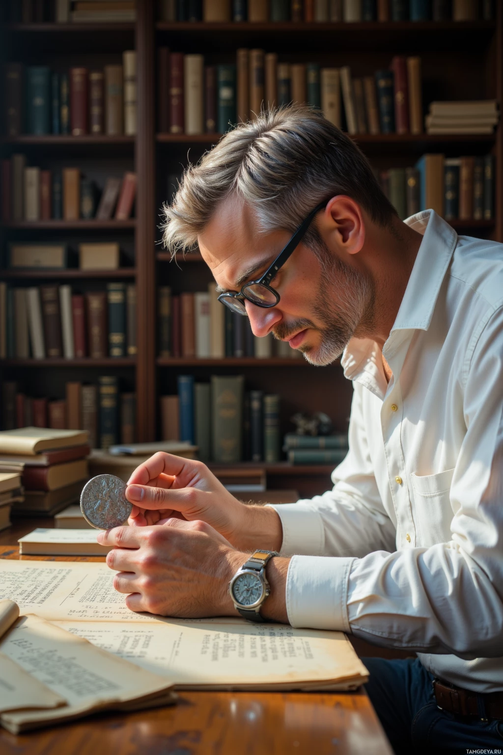 Realistic high quality photo. A 54‑year‑old male archivist with neatly trimmed gray hair, blue eyes, round reading glasses, crisp white shirt, intently studying a 2nd‑century silver denarius with a faint burr in a quiet archives room illuminated by afternoon light, surrounded by stacks of books and parchment, his hands carefully tracing the coin's contours.