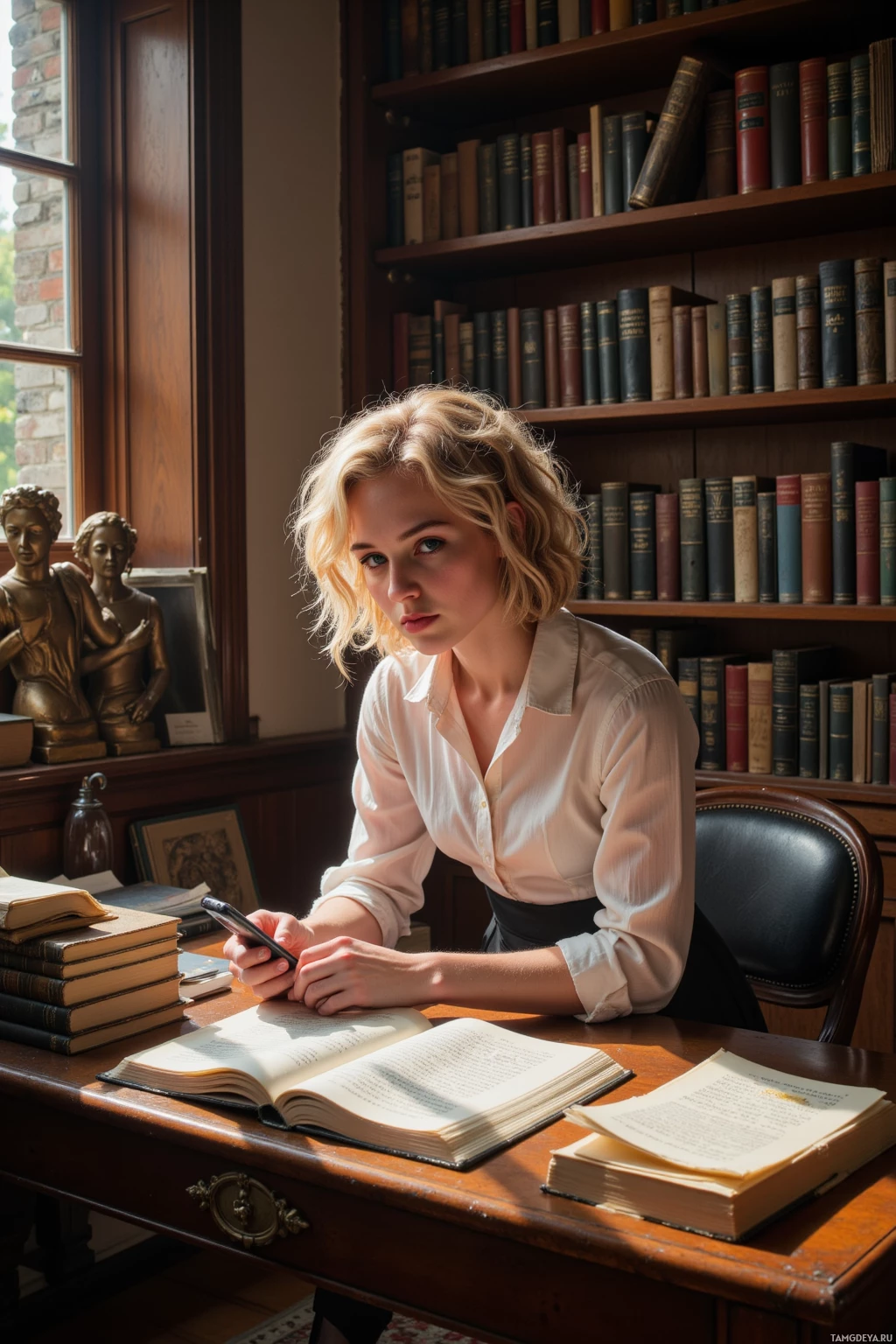 Realistic high quality photo. In a sunlit study with towering shelves of old books, a 34‑year‑old woman with curly blonde hair, blue eyes, pale skin, wearing a pastel blouse and fitted black skirt, hunched over a desk, scrolling through the margins of a secondhand Austen volume that sits between a Gutenberg Bible and a rogue Moby‑Dick draft, phone screen glowing, eyes focused with scholarly intensity.