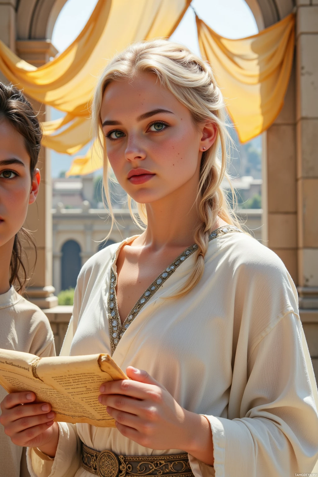 Realistic high quality photo. A radiant golden‑brown‑skinned woman in her thirties, platinum blonde braids and piercing blue eyes, wearing flowing white robes with silver embroidery, stands on a sunlit stone balcony at dawn with golden banners unfurling, while a young scribe with bright eyes holds an ancient parchment before her, both exuding confident authority and gentle determination.