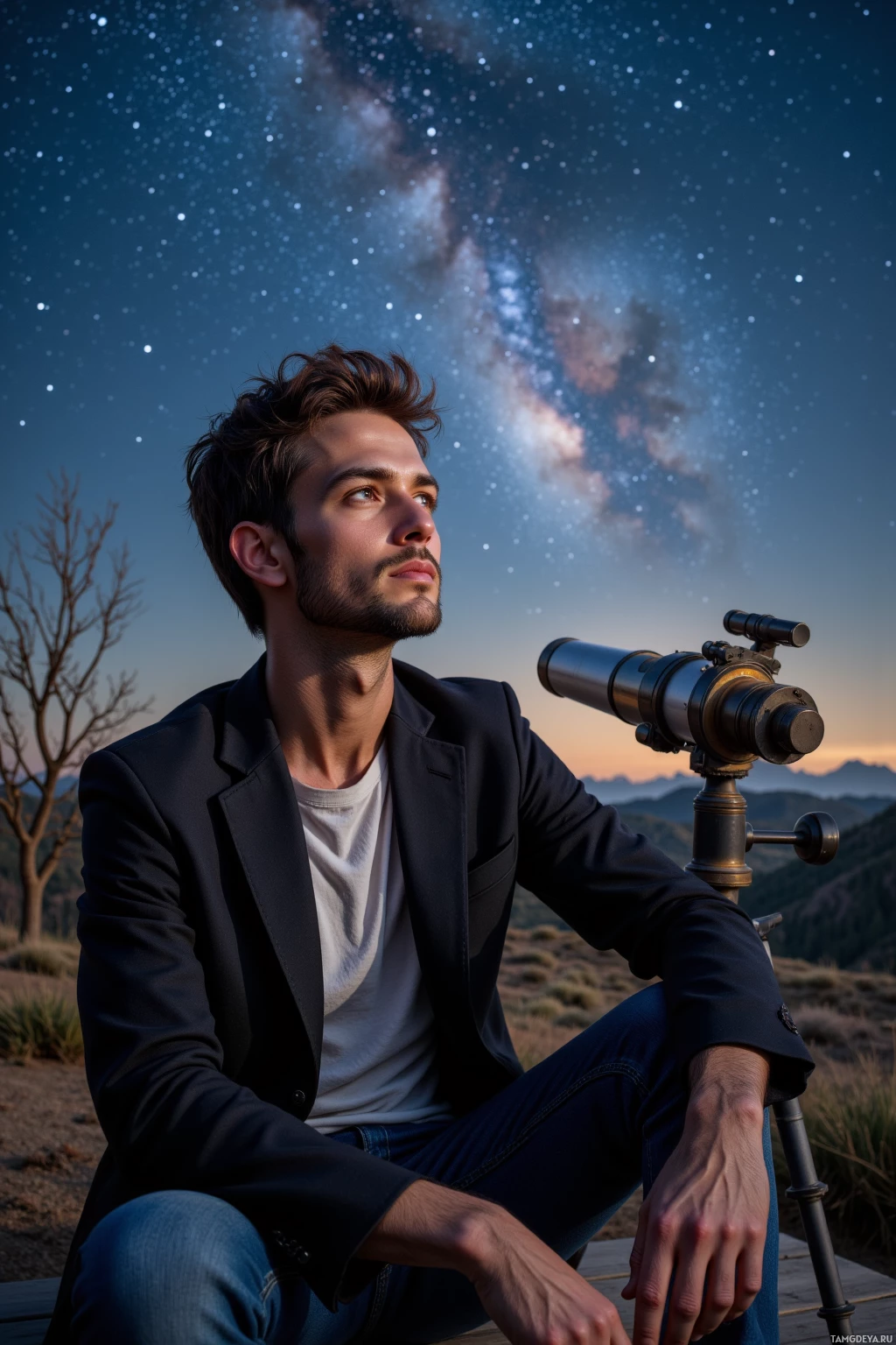 Realistic high quality photo. A 32‑year‑old lean man with messy dark hair, bright blue eyes, wearing a casual blazer over a t‑shirt and jeans, sits on a wooden patio in the late evening, his old worn telescope pointed toward the western horizon where the Milky Way arches across a clear night sky, faint light from the Orion Nebula illuminating his thoughtful face.