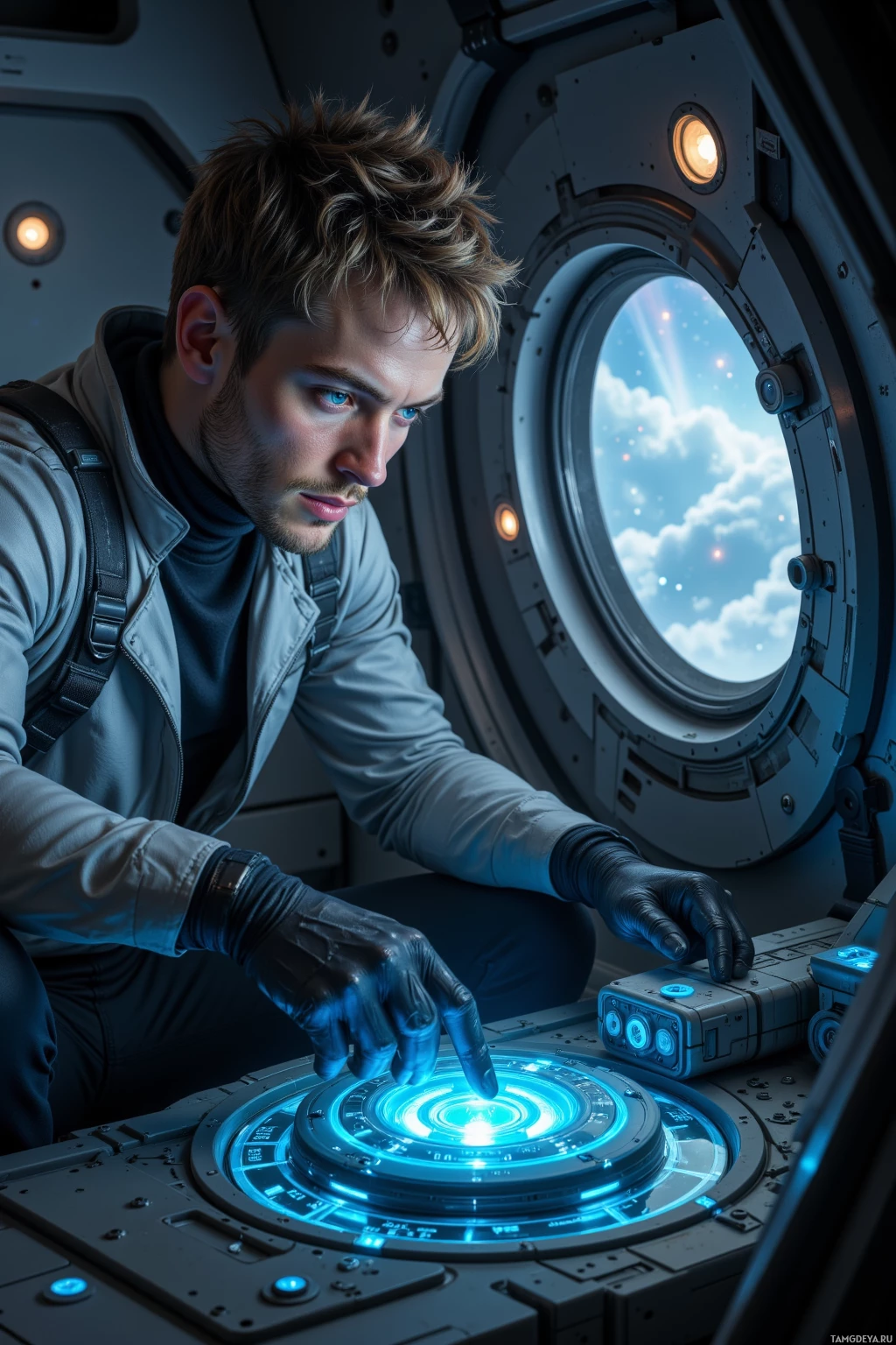 Realistic high quality photo. Male, 30, short messy light brown hair, bright blue eyes, athletic build, wearing a sleek futuristic jacket with glowing blue accents, debugging a glitching quantum coil in a dimly lit orbital lab, nebulae swirling outside the viewport, a holographic calibration interface flickering.