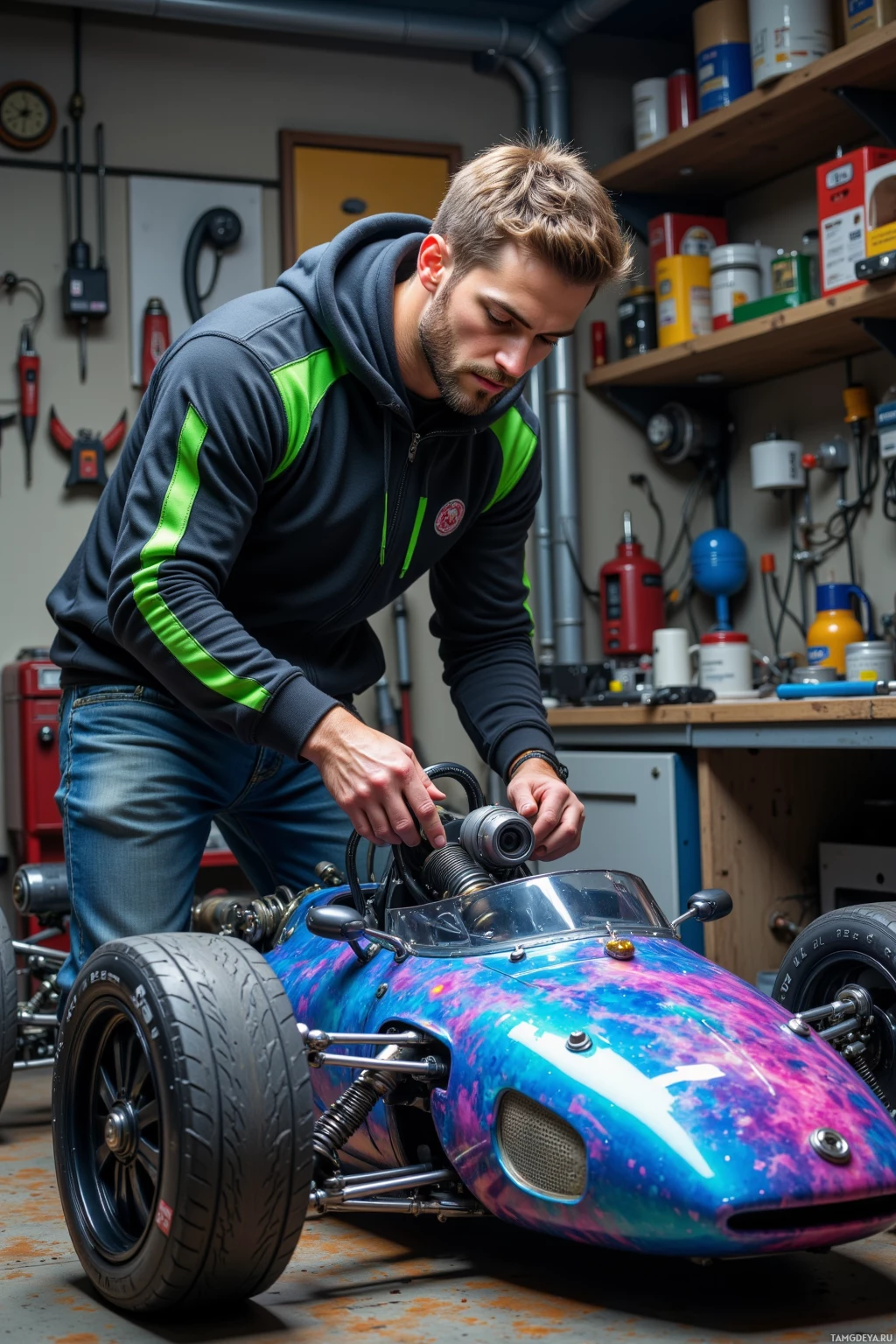 Realistic high quality photo. Man, 28, short light brown hair, bright blue eyes, wearing a sleek black hoodie with neon green accents and jeans, standing in a cluttered futuristic garage coaxing a racing car with swirling paint like a nebula while a half‑baked ignition sputters and the engine shudders in a 30‑second sprint, surrounded by scattered tools and a gleaming chrome chassis.