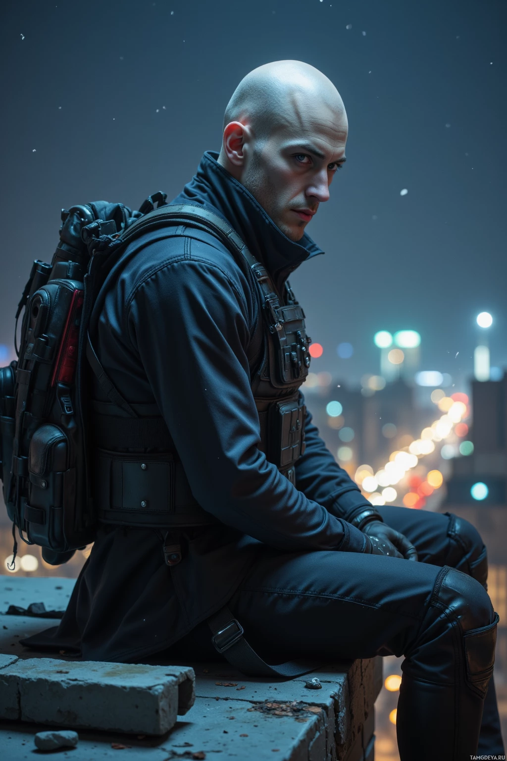 Realistic high quality photo. 34-year-old tall man with a shaved head, pale skin, piercing blue eyes, wearing a black tactical vest and gear bag, sitting on a rooftop edge at night under a pale silver sky, wind rustling around him, holding a cold tactical knife, watching distant traffic lights glow in the dark, expression calm and focused, posture steady and calculating.