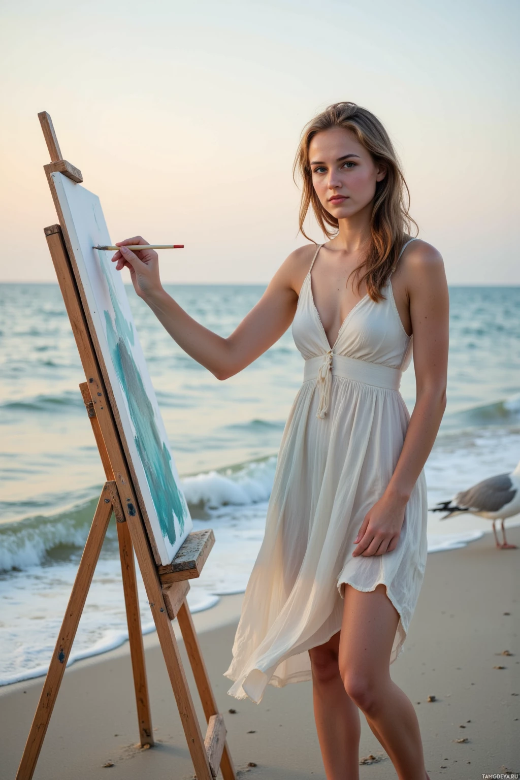 Realistic high quality photo. A 24‑year‑old woman with light brown hair in loose waves, soft green eyes, fair skin, wearing a flowing light summer dress and simple sandals, standing on a wooden dock beside a calm sea at dawn, gently painting waves on a canvas while a gull perches nearby, exuding a peaceful, contemplative mood.