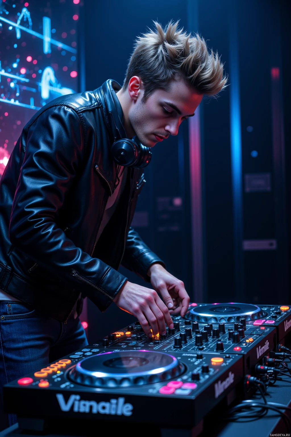 Realistic high quality photo. Male DJ, 29, spiky light brown hair, piercing blue eyes, white skin, black leather jacket, jeans, Converse, headphones, intensely focused behind a dimly lit studio mixing desk with DJ gear, glitchy bass vibrations forming shimmering soundwave graphics in the air, his posture dynamic and restless, capturing the rush of chasing the crowd's pulse.