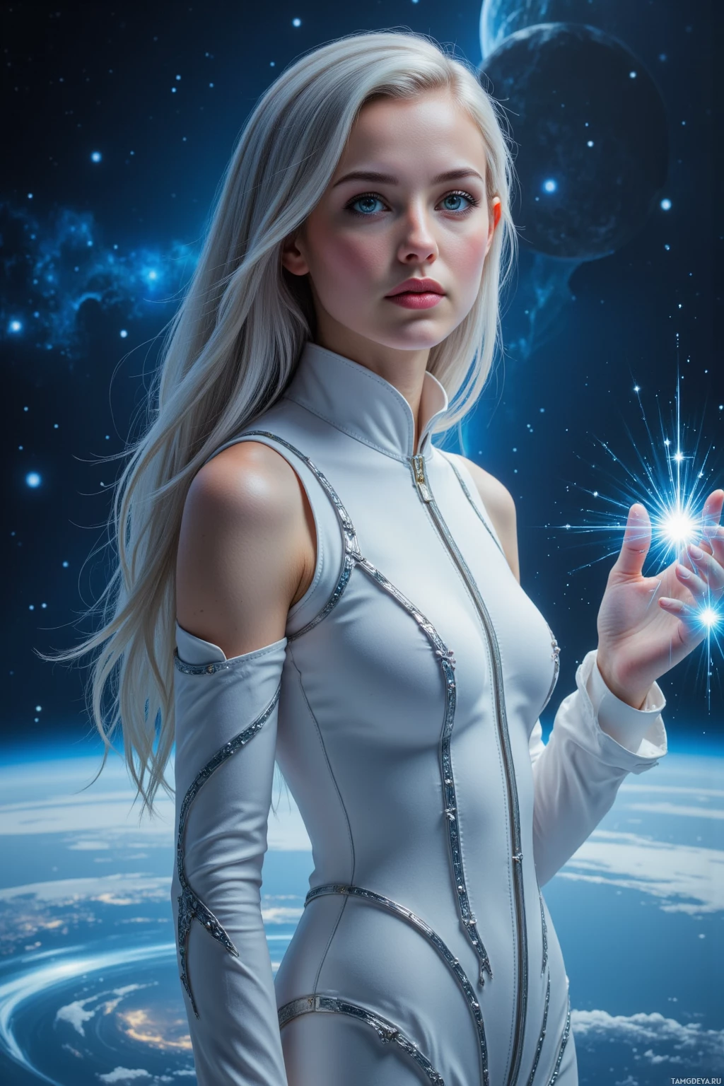 Realistic high quality photo. A 35‑year‑old woman with cascading silver hair in a sleek up‑do, green eyes, porcelain skin, wearing a fitted high‑collared gown with silver embroidery, stands on a translucent orbital platform amid a silent galaxy, her hand hovering over a glowing holographic interface while a distant exoplanet casts a gentle light, her posture calm and composed as she balances strategic calculations with subtle empathy.