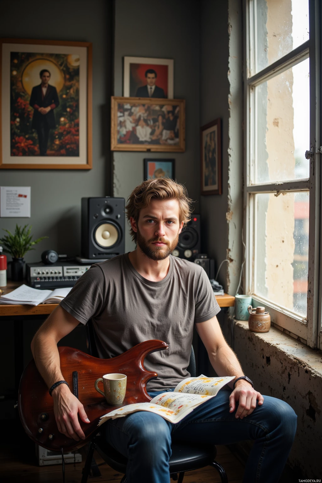Realistic high quality photo. A 26‑year‑old man with tousled light brown hair, blue eyes, pale skin, scruffy beard, wearing a faded t‑shirt and jeans, sits by a dusty window in a modern studio apartment, staring out with a half‑smile, a guitar resting on his lap, a notepad with chord sheets, a coffee mug, and a recording console in the background, late afternoon light filtering through the blinds, capturing his restless urge to write and his creative fatigue.