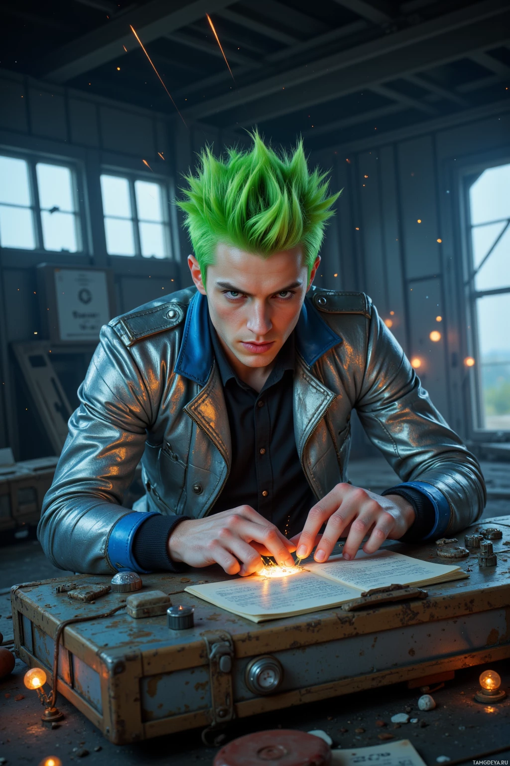 Realistic high quality photo. A male sci‑fi writer with bright lime green spiky hair, striking blue eyes, pale skin, wearing a metallic silver jacket with subtle blue accents, a sleek black shirt and dark pants, is intensely focused tinkering with an ancient alien communicator on a dusty console inside an abandoned spaceport at twilight, surrounded by rusted metal crates, scattered debris, and faint pulsating light lines emanating from the communicator.