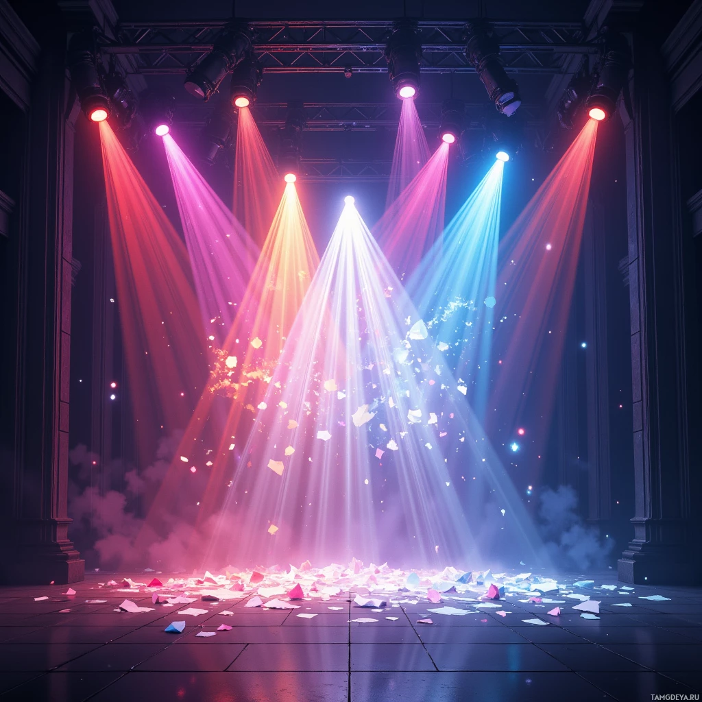 Semi-abstract image with many empty light space at center of beautiful background, that is suitable for the post:  The stage lights fracture reality, and I chase the shards, each a promise of a louder dream.