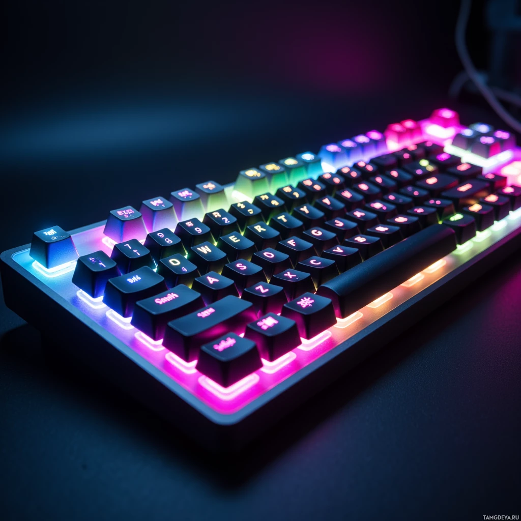 Semi-abstract image with many light, that is suitable for the post:  Modular mechanical keyboard with anodized aluminum keys, silent switches, tiny sensor chip on each key, interchangeable bright colorful keycaps, sleek chrome frame, subtle backlit illumination, high detail.