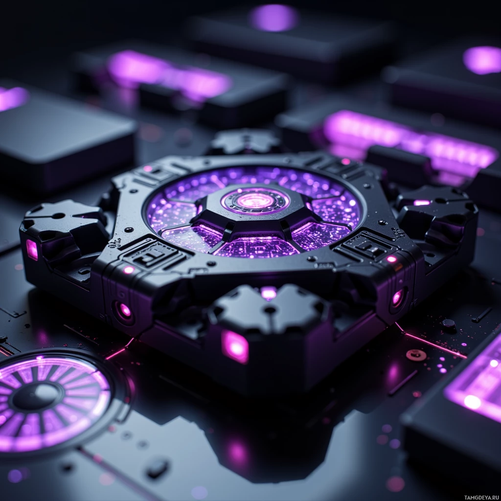Semi-abstract image with many light, that is suitable for the post:  tiny matte‑black chassis with a rotating hexagonal core emitting a faint violet glow, intricate adaptive metamaterial lattice visible on its surface, sleek and futuristic.