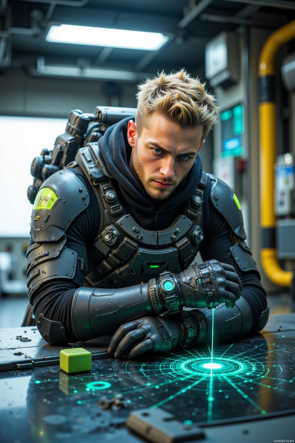 Realistic high quality photo. A 31‑year‑old male tactical operative with short blonde hair, sharp blue eyes, angular features, strong jaw, wearing advanced combat gear with neon green accents, fine‑tuning a wrist chronograph to align precisely with a laser grid in a morning‑lit docking bay, nanite patterns subtly visible on the surface.