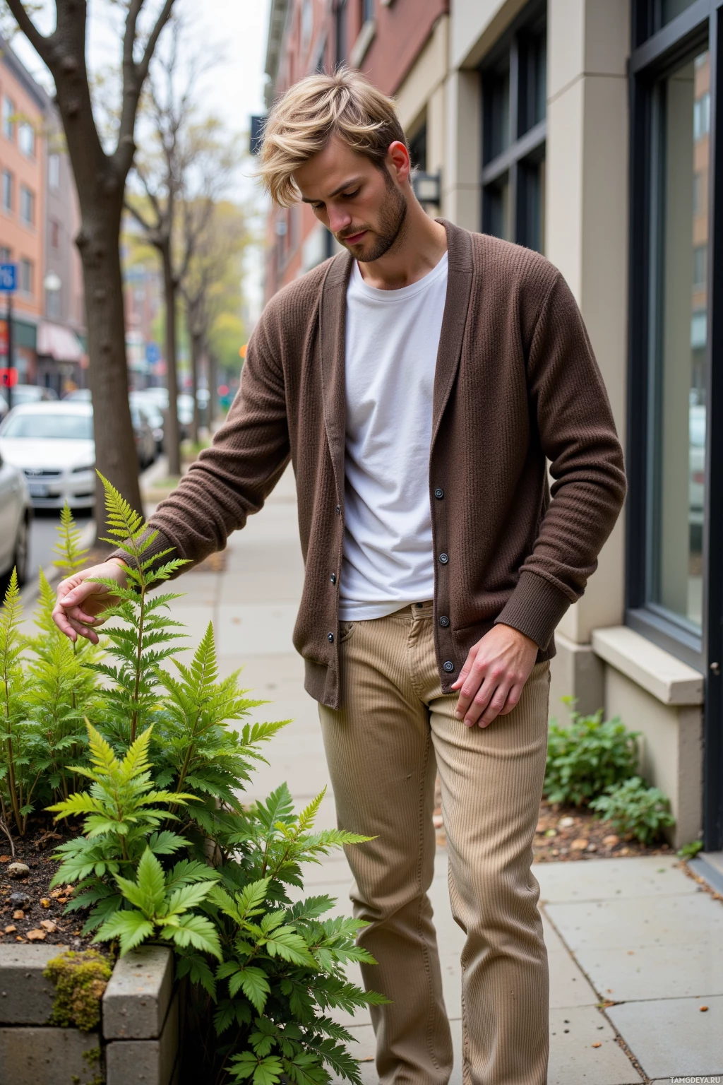Realistic high quality photo. Man, 35, messy blonde hair, blue eyes, wearing a loose brown cardigan over a white shirt and beige corduroy pants, standing on a city sidewalk with mossy cracks, gently touching a bright green fern leaf, a small compost pile with a "no invasive species" sign beside him, midday light, urban modern realism.