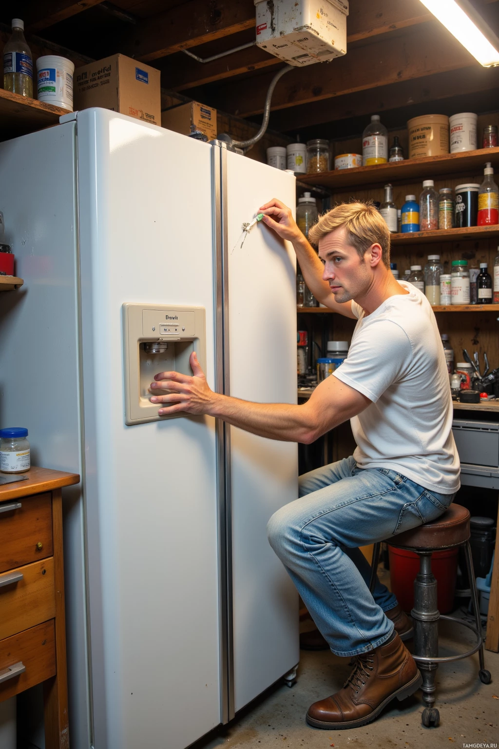 Realistic high quality photo. 45-year-old male with short blonde hair and blue eyes, wearing a white T-shirt, light blue jeans, and worn brown work boots, carefully applies a thin film of epoxy to a cracked fridge door inside a cluttered garage, surrounded by a jar of resin, a stack of printed r/DIY tips, a toolbox with a toaster head, and a magnetic mount, illuminated by the warm light of the refrigerator.