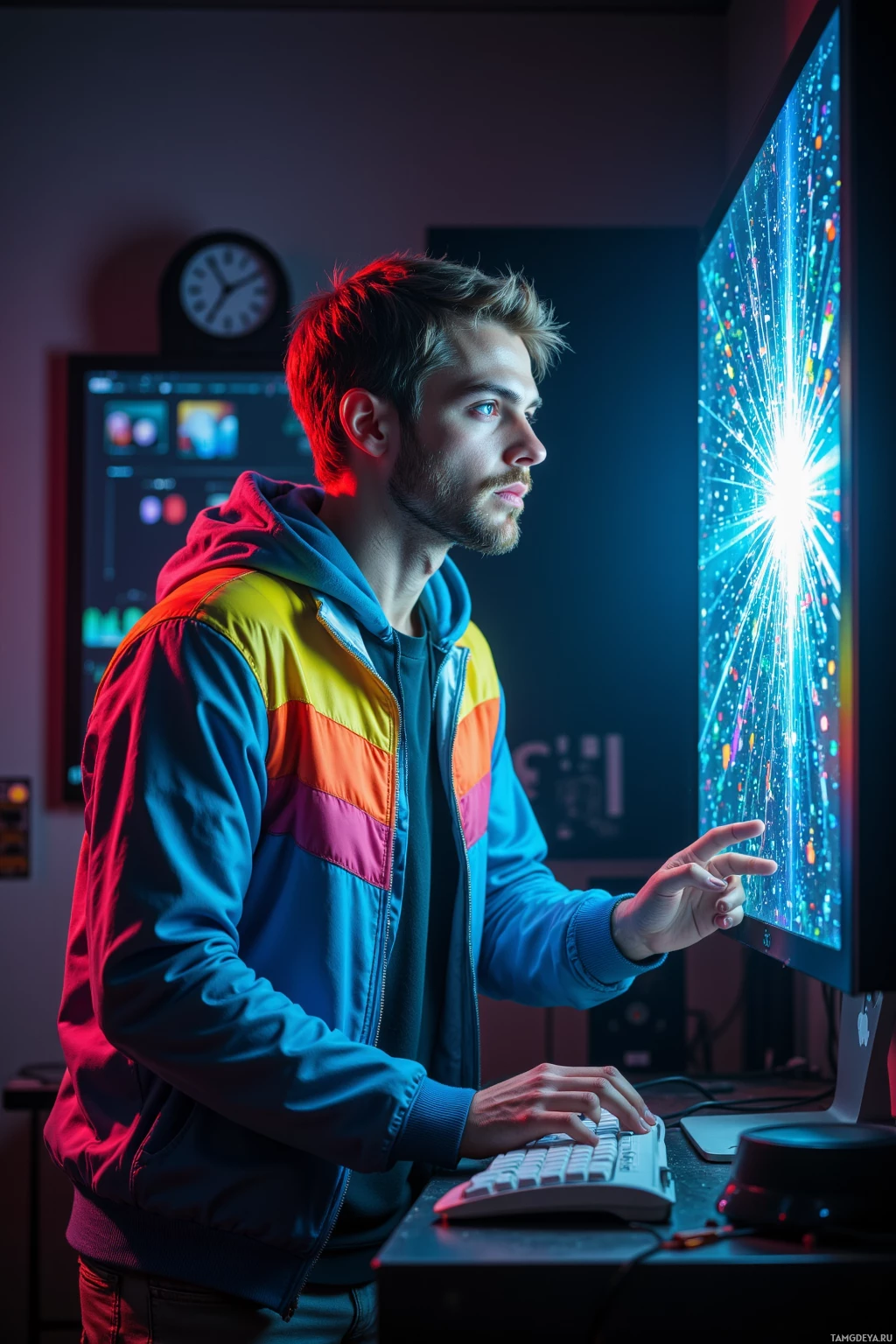 Realistic high quality photo. Man, 23, light brown hair, blue eyes, pale skin, neon jacket and casual pants, standing in a dimly lit editing studio, staring at a cracked monitor overflowing with pixelated glitch art, fingers poised over a keyboard, expression of restless excitement.