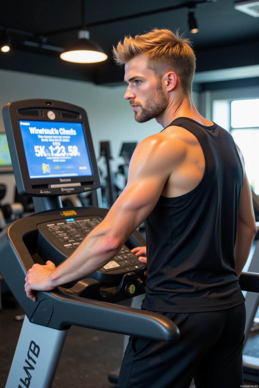 Realistic high quality photo. A 34‑year‑old man with short blonde hair and clear blue eyes, wearing a sleek black tank top and matching sweatpants, stands at a treadmill in a modern gym, focused on a monitor displaying precise 5k split times and variance percentages, adjusting the machine with a determined, slightly smug expression as a small speaker signals a deviation.