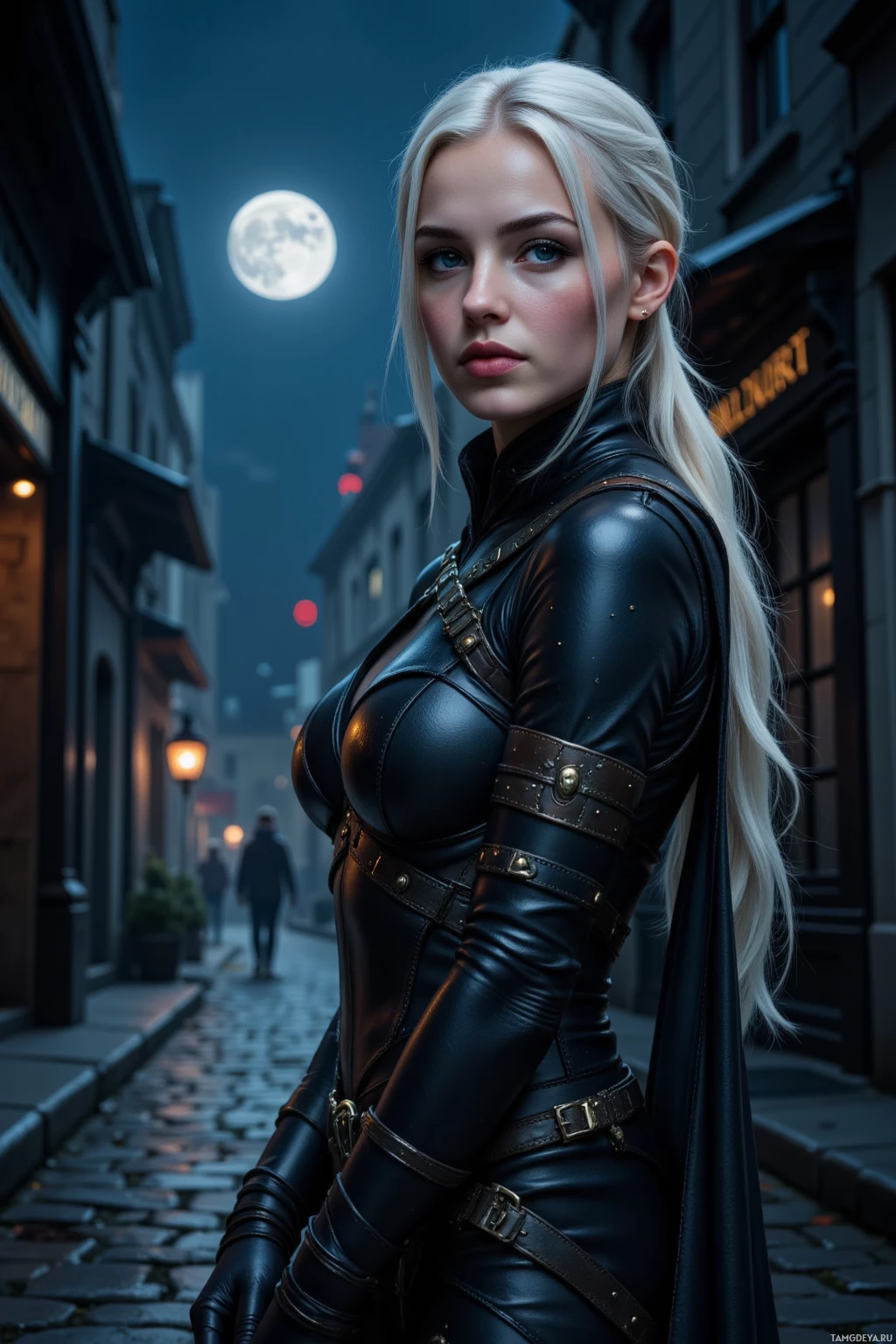 Realistic high quality photo. Female drow assassin with white hair and piercing blue eyes, wearing sleek dark leather armor, poised on moonlit cobblestones in a quiet city alley at night, holding a cold blade and surrounded by silent shadows with distant city lights behind her.