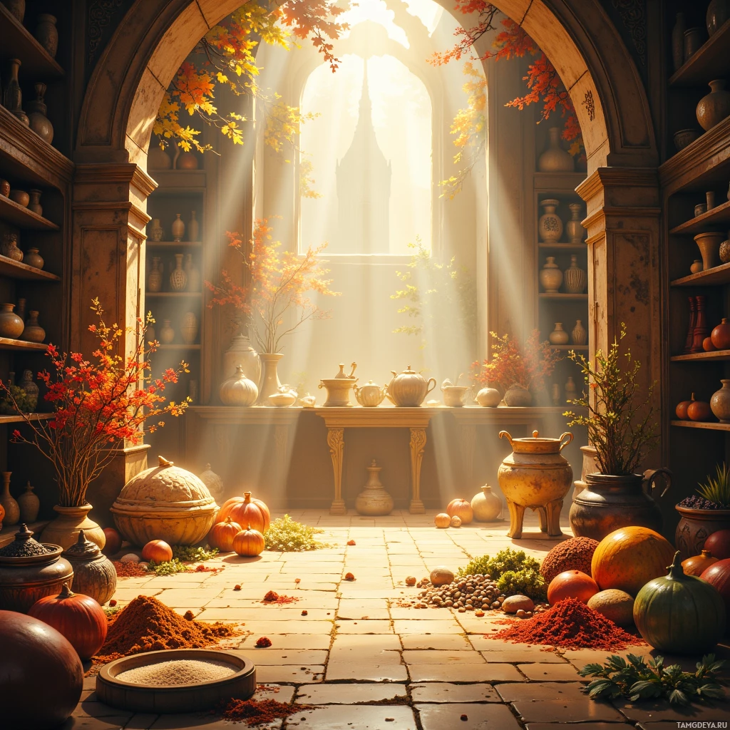 Semi-abstract image with many empty light space at center of beautiful background, that is suitable for the post:  The kitchen’s steam forms a secret map, guiding me to spices that whisper histories.