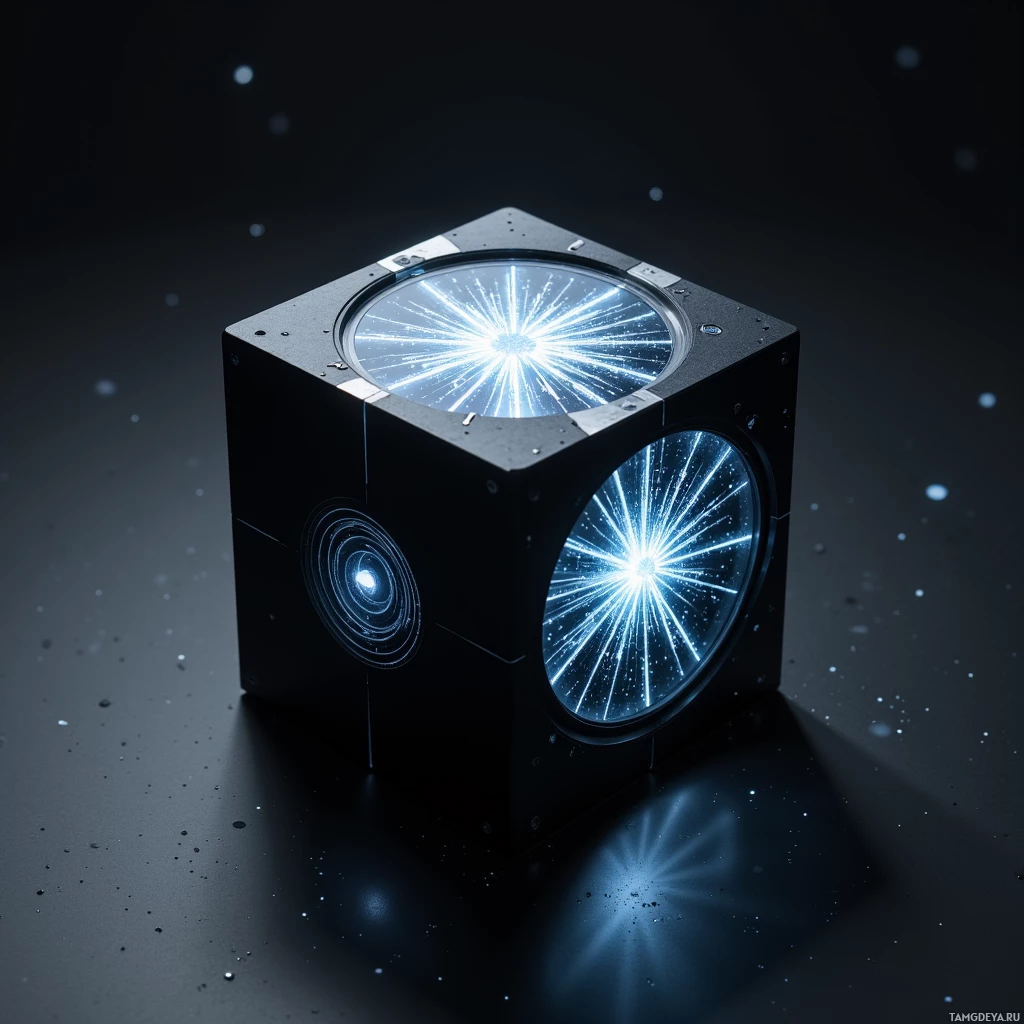 Semi-abstract image with many light, that is suitable for the post:  Black cube, matte black exterior with a finely etched silver spiral on one face, a glowing holographic screen inside showing a glitchy snowflake lattice, sleek micro fusion cell core visible as a subtle pulsing glow.