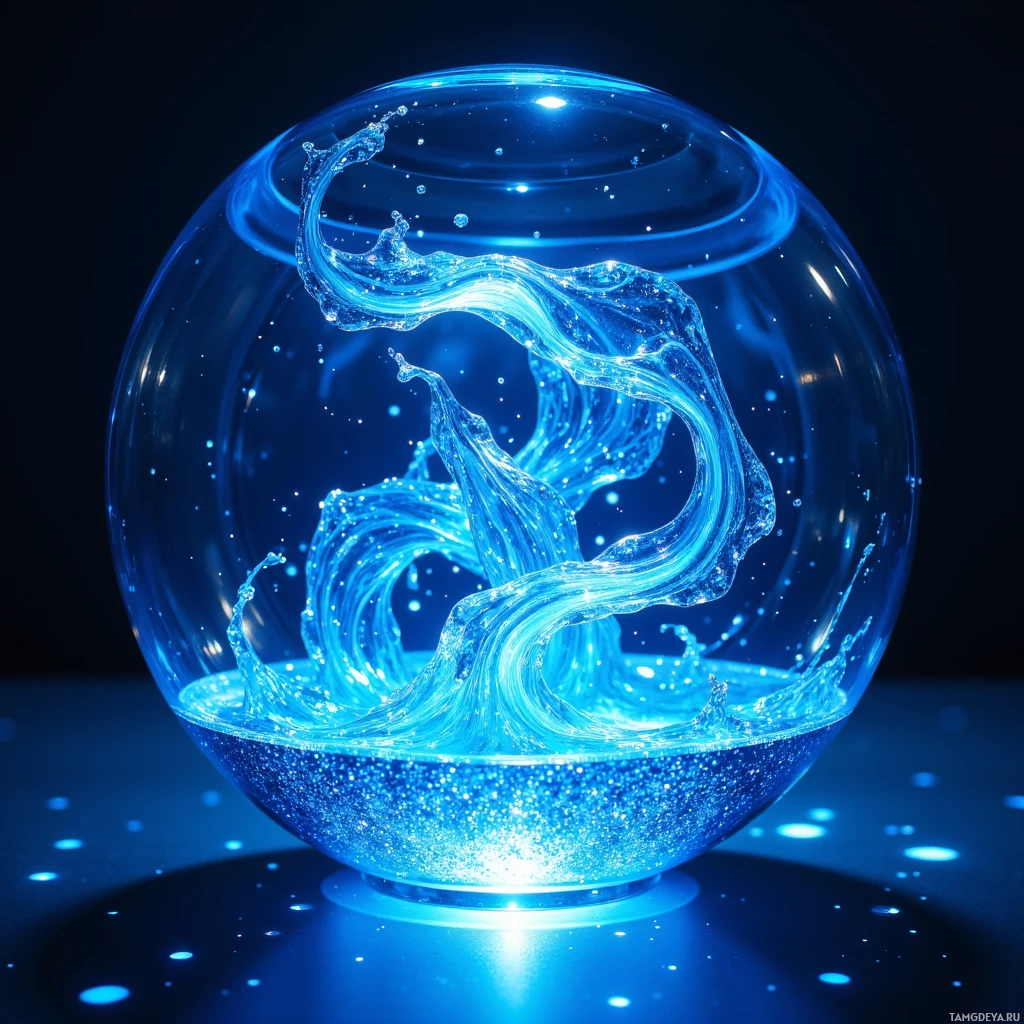 Semi-abstract image with many light, that is suitable for the post:  Floating iridescent glass sphere lamp, clear glass with a swirling thin blue liquid inside, a lattice of micro‑LEDs pulsing beneath the glass in perfect harmony, subtle ripple effects, modern minimalist design, soft blue glow, transparent and reflective surface.