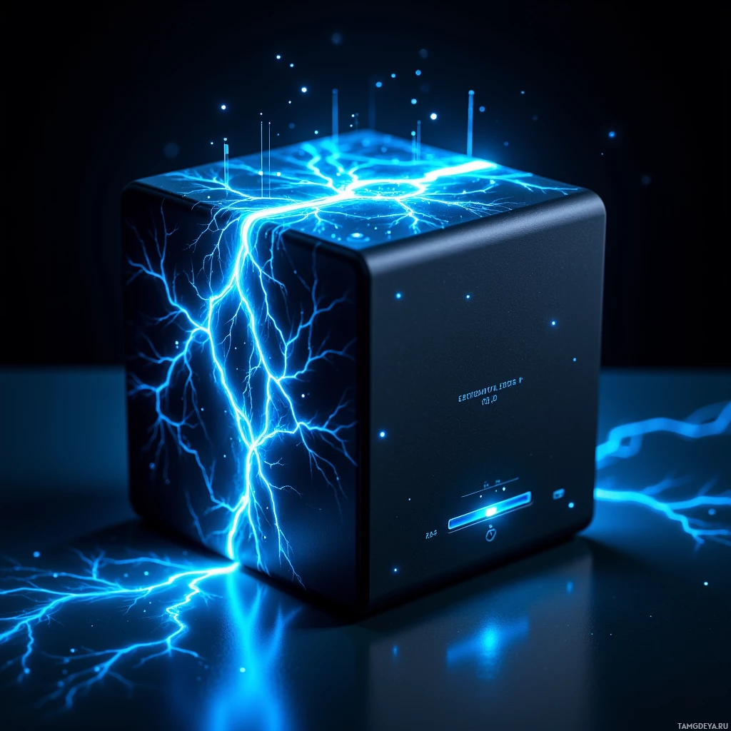 Semi-abstract image with many light, that is suitable for the post:  Matte black cube with translucent pulsing neon veins in electric blue, holographic waveform touch surface, side speed‑tracking bar, and an adaptive glowing light field radiating from its edges.