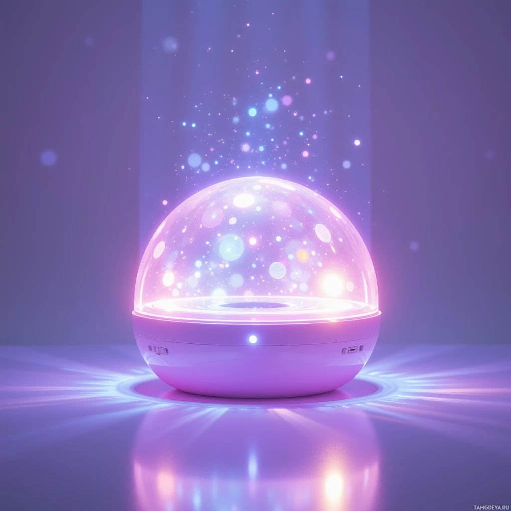 Semi-abstract image with many light, that is suitable for the post:  lilac bubble-shaped handheld hologram projector, pastel pink with soft glowing edges, sleek translucent body, ergonomic touchpad surface, color-changing holographic display reflecting ambient lighting and capable of projecting 3D holograms.