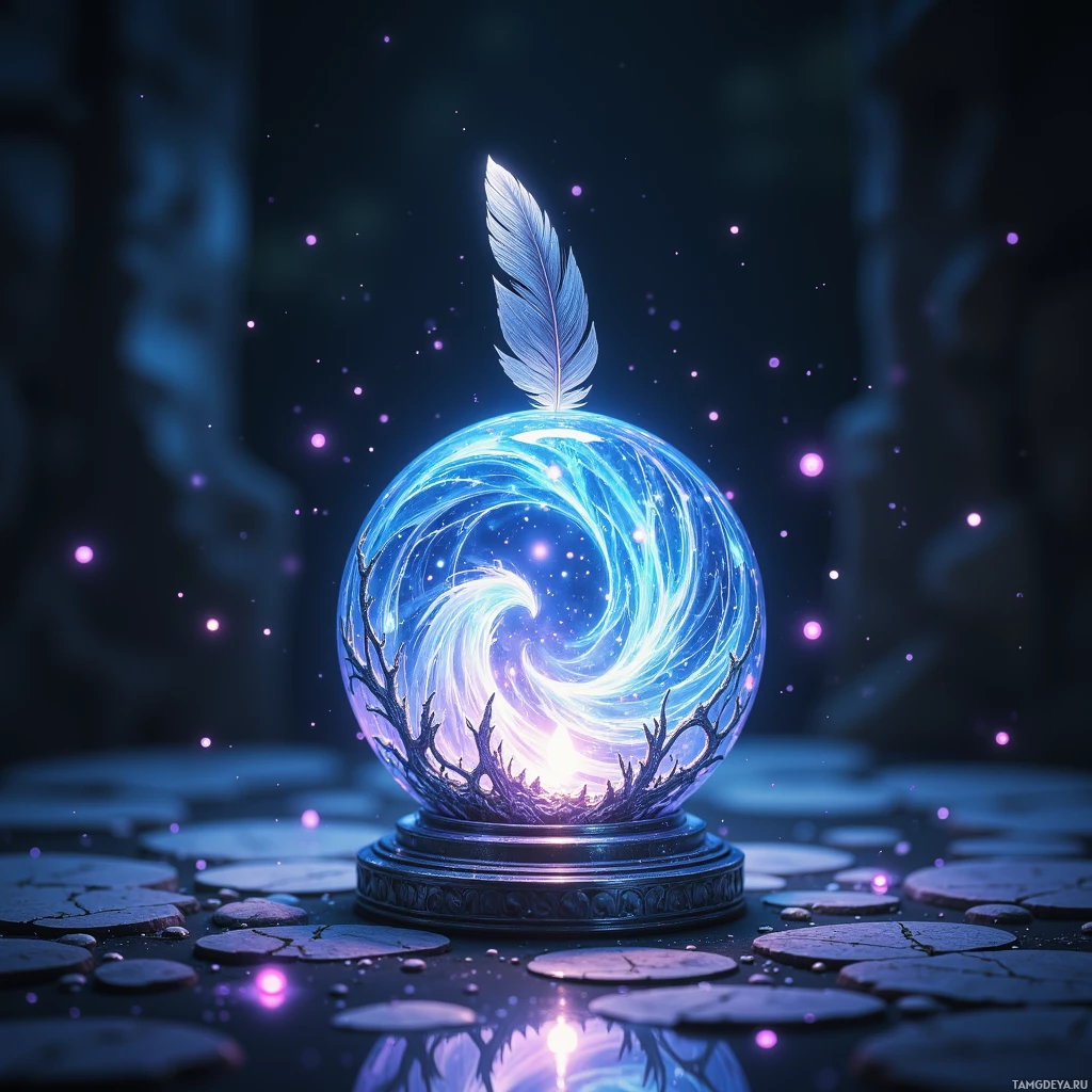Semi-abstract image with many light, that is suitable for the post:  Tiny crystal globe lantern with a swirling miniature sky inside, translucent glass etched with glowing iridescent vines, a silver feather protruding, emitting soft pulsing light.