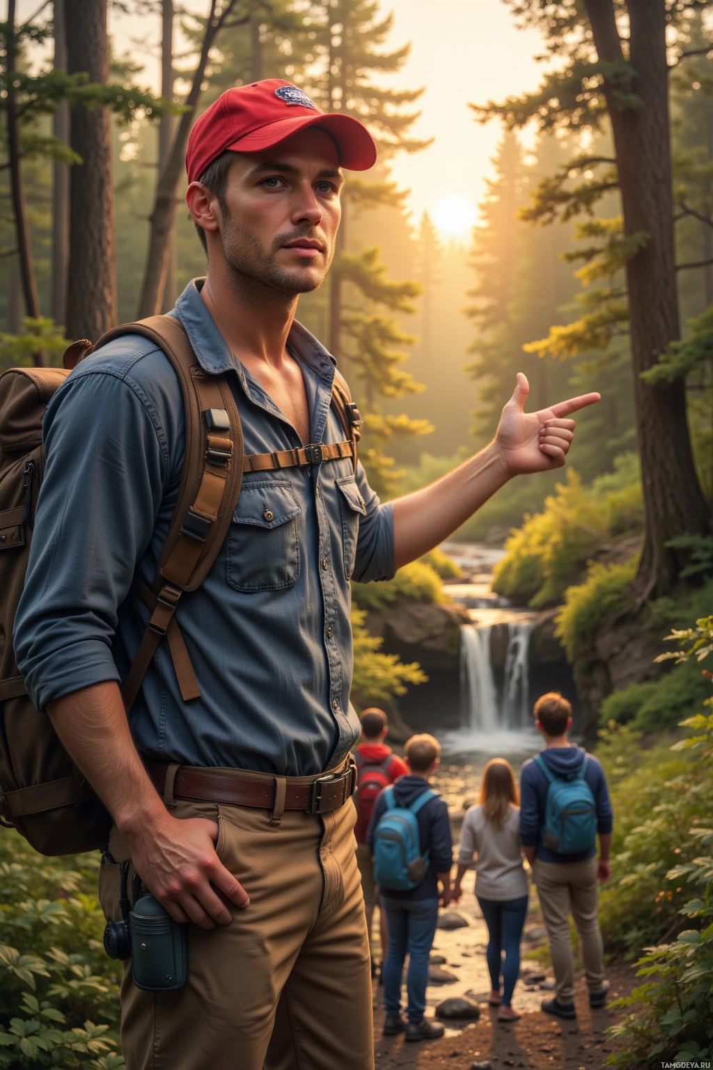Realistic high quality photo. A 28‑year‑old man with short light brown hair, bright blue eyes, wearing a red cap and casual comfortable clothes, stands at sunrise on the edge of a forest, enthusiastically pointing toward a hidden stream while cheerful hikers gather around under warm morning light.