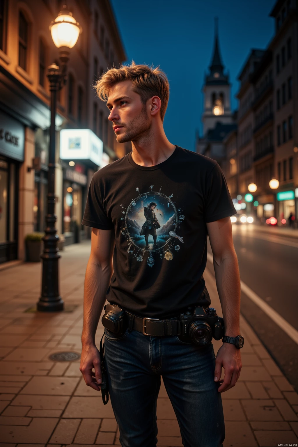 Realistic high quality photo. A 27‑year‑old man with tousled blonde hair, blue‑green eyes, pale skin, wearing a black graphic t‑shirt and dark jeans, holding a camera with lens cases on his belt, standing alone under a flickering streetlamp on an empty city sidewalk at night, looking pensively at the dim streets.