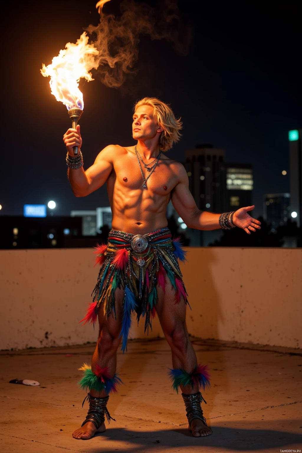 Realistic high quality photo. Man in his thirties with short blonde hair, bright blue eyes, sun‑kissed skin, wearing a colorful festival‑inspired outfit with sequins, feathers, and a silver necklace, standing on a nighttime rooftop holding a flaming torch, staring at his own shadow on the concrete while performing a dynamic fire‑dancing pose amid the silent urban backdrop.