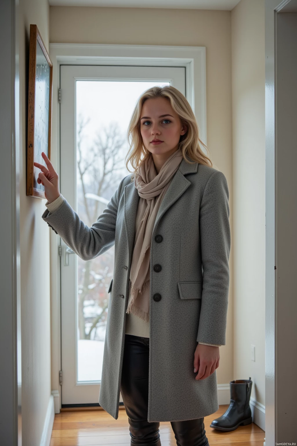 Realistic high quality photo. Woman, 28, platinum blonde wavy hair, green eyes, pale gray winter coat and matching scarf, standing in a modern hallway with floorboards, pointing at a crooked picture frame on the wall, boots visibly on the floor, a large window showing impossible clouds and a faint tree bark pattern on the wall, captured in a detailed documentary‑style composition.