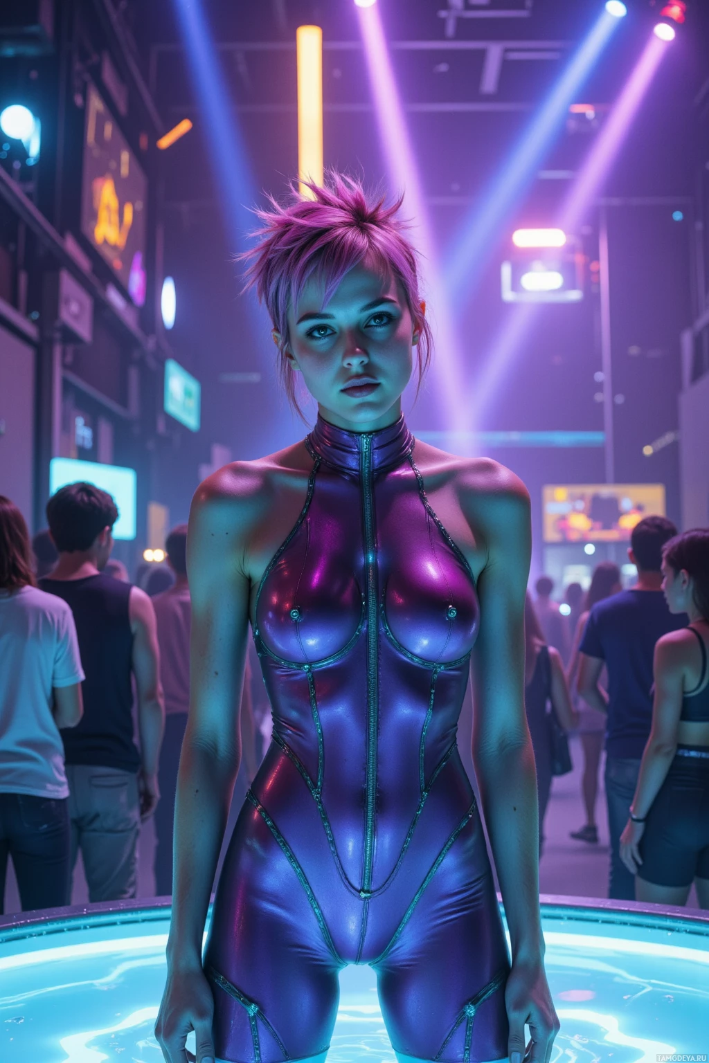 Realistic high quality photo. 24‑year‑old woman with short spiky neon pink hair and electric blue streaks, green eyes, porcelain skin, wearing a high‑neckline jumpsuit iridescent purple and silver with glowing accents, dancing on a floating platform at the edge of a glowing electric tide inside a futuristic nightclub studio, glitching digital displays flickering, crowd in silhouette, synth pulses reverberating, late‑night electric playground.
