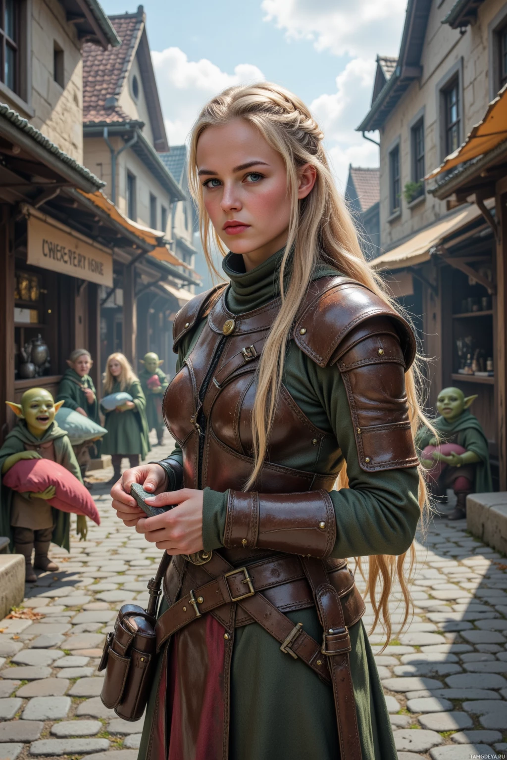 Realistic high quality photo. Female warrior with long braided blonde hair, piercing blue eyes, pale skin, wearing worn leather armor and a sword sheathed at her side, stands in a cobblestone village square at noon sharpening her blade on a whetstone while a handful of mischievous goblins in green cloaks watch, children with pillows laugh nearby, wooden market stalls and a rustic forge in the background, her expression proud yet exhausted, ready to pounce again.