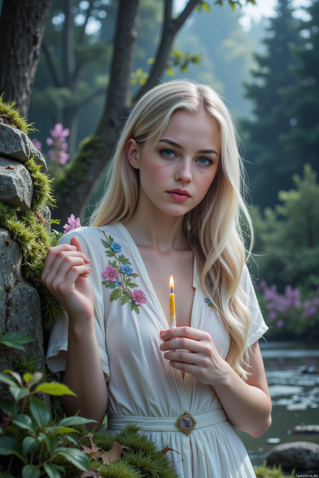 Realistic high quality photo. A 26‑year‑old woman with long silvery blonde hair, pale blue eyes, wearing a flowing white dress with floral embroidery, stands in a silver‑lit glade beside an ancient mossy stone, holding a single glimmering star as a birthday candle while writing verses on a leaf that slips from her fingers, with a gentle cloud drifting over a pond and moonlight filtering through the trees.
