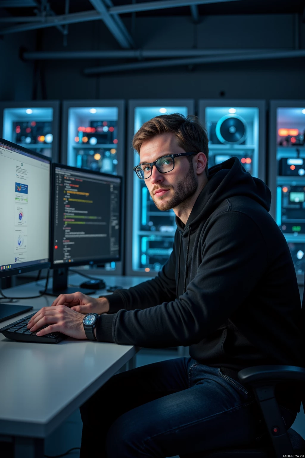 Realistic high quality photo. Male, 32, short brown hair, blue eyes behind sleek rectangular glasses, wearing a black minimalist tech hoodie, dark jeans, and smartwatch, intensely focused at a desk with two monitors and a row of server racks, pale light from screens illuminating his composed expression in a quiet, dimly lit nighttime office, the hum of cooling fans and the rhythmic glow of servers surrounding him