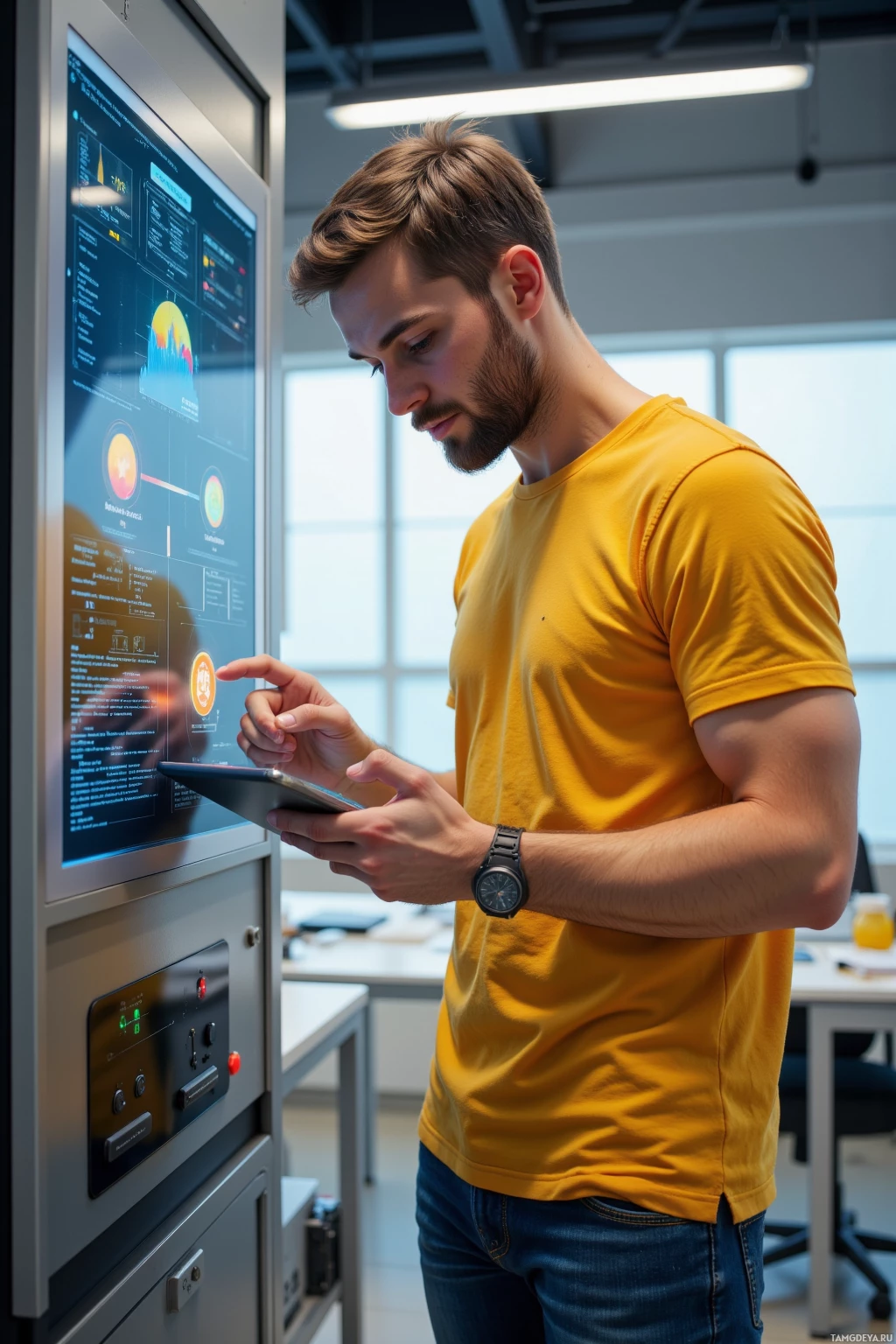 Realistic high quality photo. Male, 29, short brown hair, bright blue eyes, yellow t‑shirt and jeans, standing in a modern tech office, examining a shiny machine back panel while holding a tablet with floating charts and code, pointing at a tiny misprint that glows with a humorous symbol, midday natural light streaming through windows.