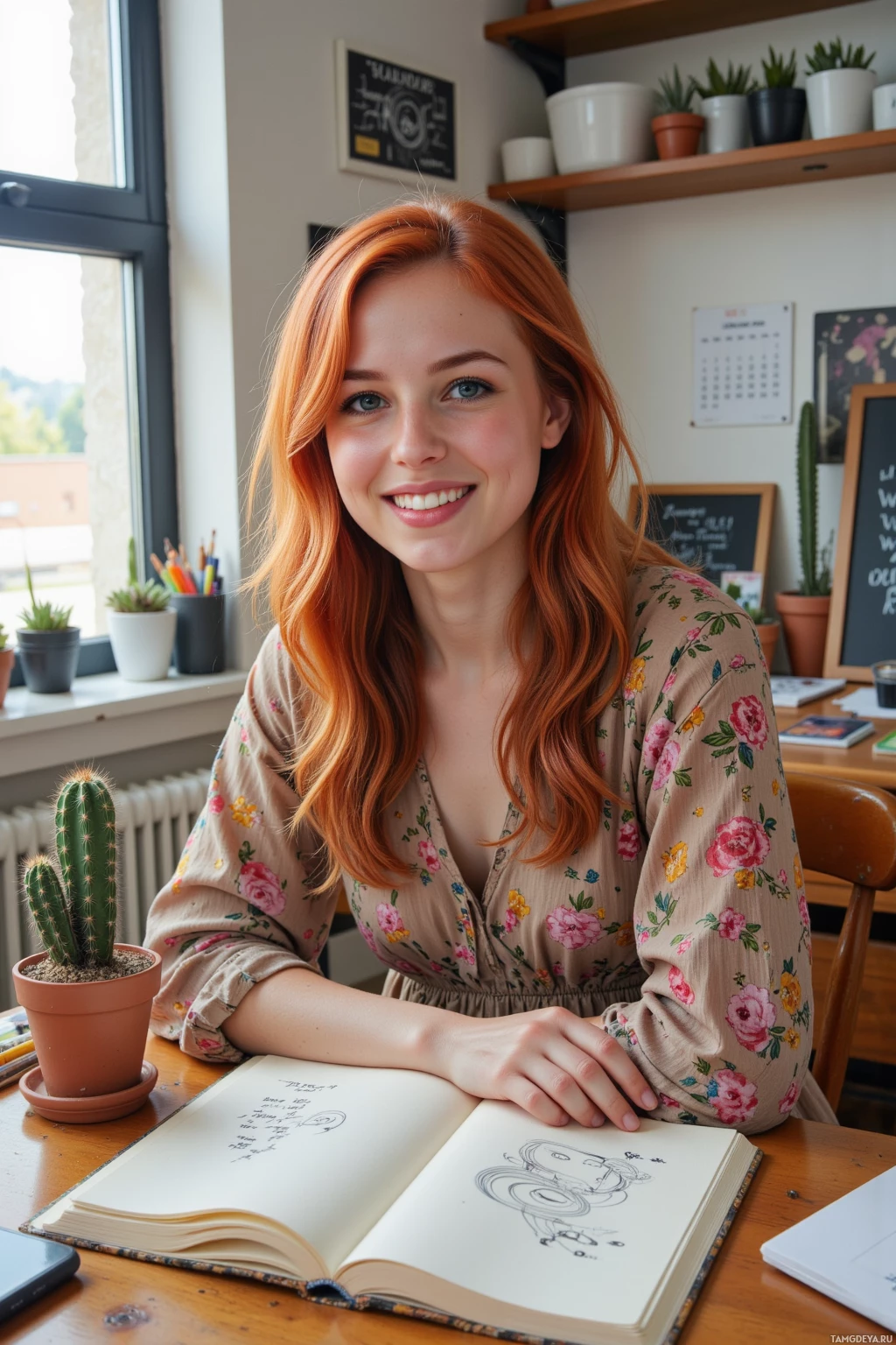 Realistic high quality photo. Woman with vibrant red wavy hair, bright blue eyes, wearing a flowing floral bohemian dress, sits at a wooden table in a sunlit studio, sketchbook open to swirling doodles, chatting with a potted cactus holding a dry opinion, laughing, with art supplies scattered and a calendar of deadlines in the background, afternoon light filtering through the window.